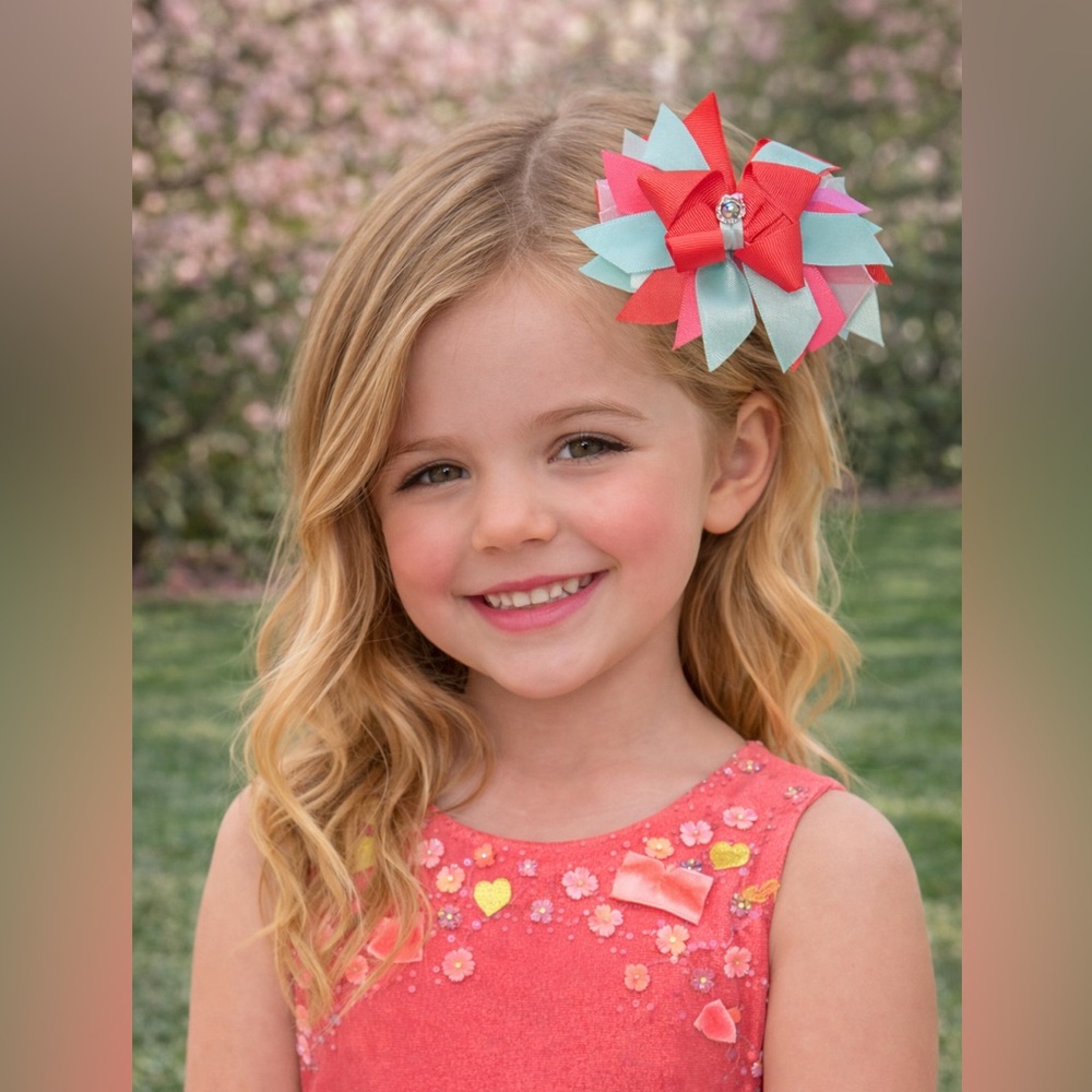 Handcrafted Mint & Coral‎ Girls Hair Bow w/Crystal Center Alligator Clip NEW